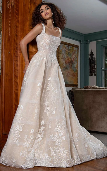 Modern Square A Line Lace Floor-length Sleeveless Wedding Dress with Appliques
