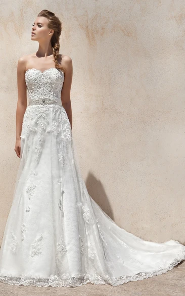 Sheath Sweetheart Appliqued Floor-Length Sleeveless Tulle&Lace Wedding Dress With Waist Jewellery And Bow