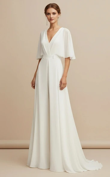 Minimalist White Chiffon Bridal Jumpsuit with V-Neck and Flutter Sleeves