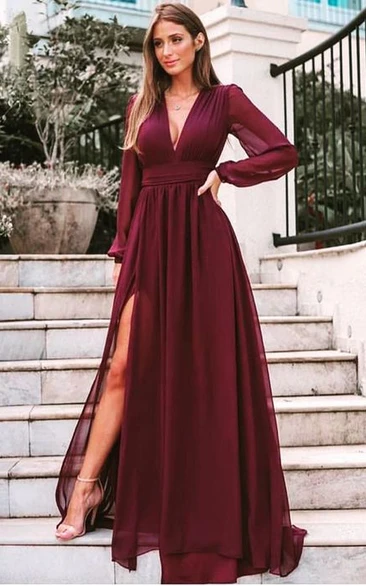 Chiffon Floor-length A Line Long Sleeve Sexy Prom Dress with Split Front