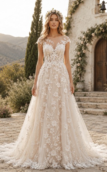 Illusion Cap Sleeve Lace A-Line Wedding Dress with Chapel Train