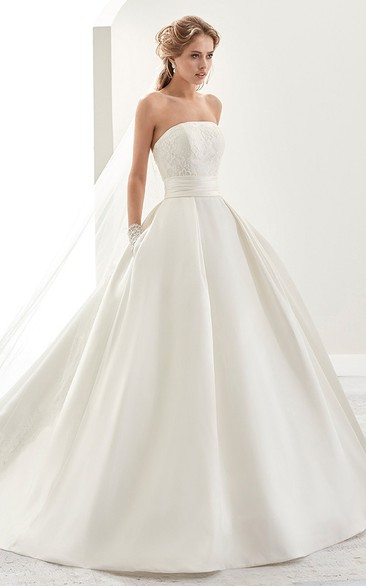 Strapless Brush-Train A-Line Satin Wedding Dress With Cinched Waistband And Open Back