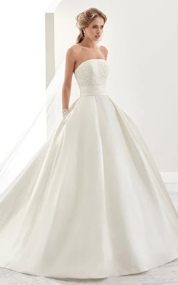 Strapless Brush-Train A-Line Satin Wedding Dress With Cinched Waistband And Open Back
