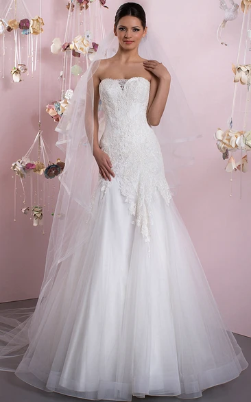 A-Line Appliqued Sleeveless Strapless Floor-Length Tulle&Lace Wedding Dress With Lace-Up Back And Court Train