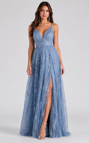 A-Line V-Neck Tulle Prom Dress with Lace