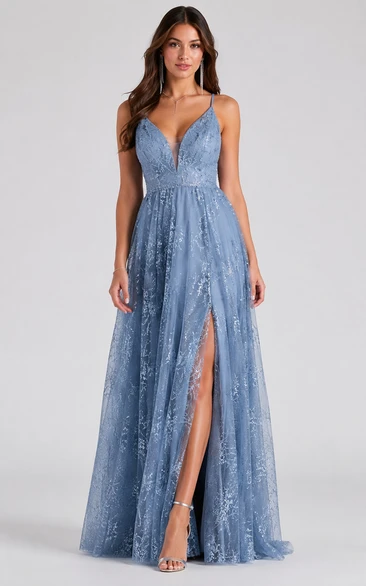 A-Line V-Neck Tulle Prom Dress with Lace
