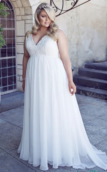 V-Neck Floor-Length Sleeveless Chiffon Plus Size Wedding Dress With Appliques