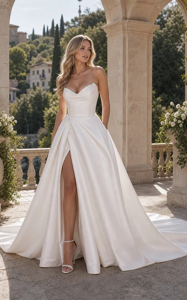 Sweetheart Satin Criss-cross Empire Front Split Elegant Wedding Dress
