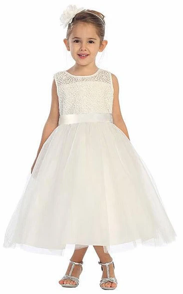 Tea-Length Illusion Bell-Sleeve Beaded Tulle&Lace Flower Girl Dress