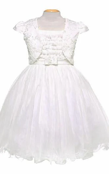 Bolero Mini Bowed Tulle&Satin Flower Girl Dress With Embroidery