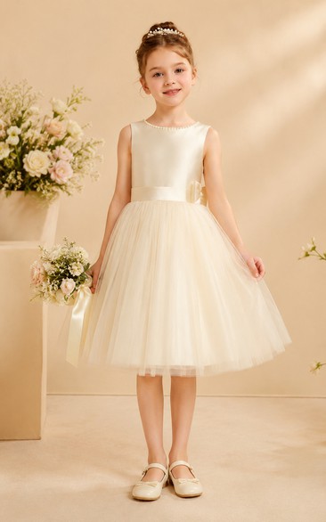 Ivory Tea-Length A-Line Satin Flower Girl Dress with Bow Sash