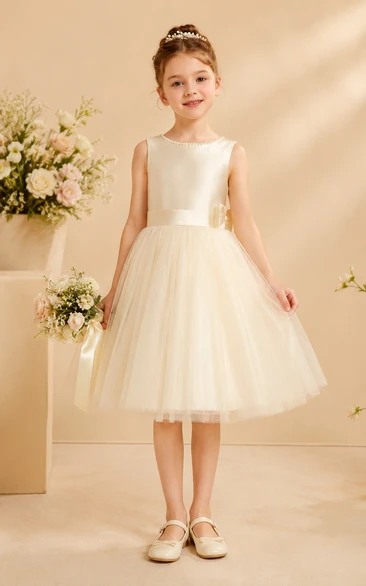 Ivory Tea-Length A-Line Satin Flower Girl Dress with Bow Sash