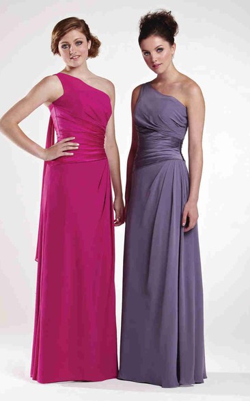 Sheath One-Shoulder Sleeveless Draped Floor-Length Chiffon Bridesmaid Dress