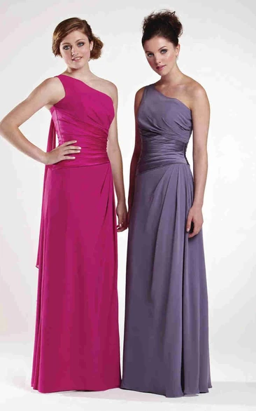 Sheath One-Shoulder Sleeveless Draped Floor-Length Chiffon Bridesmaid Dress