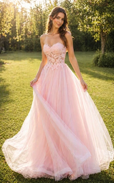 Sweetheart Lace Applique A-line Blush Tulle Evening Formal Prom Dress with Corset Back
