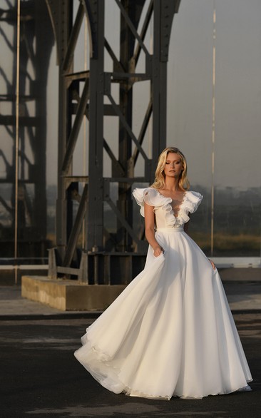 Ball Gown Bateau Puff Sleeve Court Train Chiffon Vintage Wedding Dress with Beading and Ruffles
