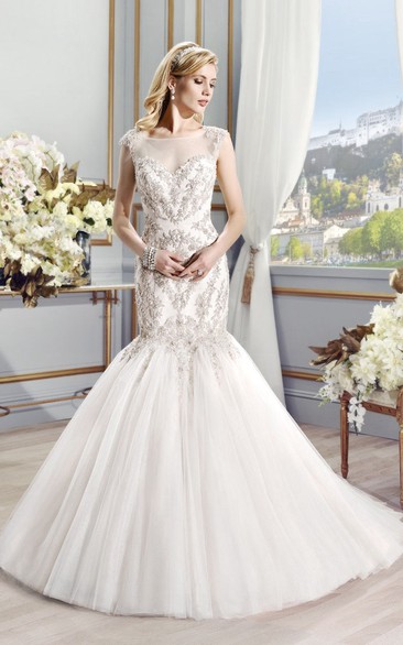 Mermaid Beaded Bateau Sleeveless Floor-Length Tulle Wedding Dress With Illusion Back And Pleats