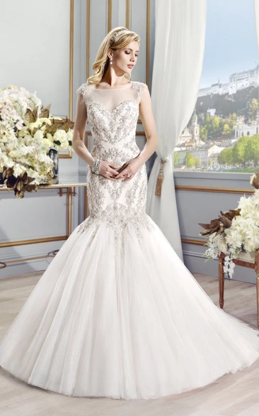 Mermaid Beaded Bateau Sleeveless Floor-Length Tulle Wedding Dress With Illusion Back And Pleats
