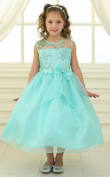Tea-Length Bowed Floral Lace&Organza Flower Girl Dress With Illusion