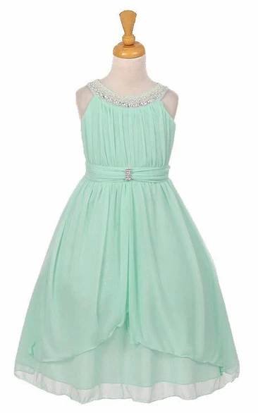Peplum Tea-Length Tiered Pleated Chiffon&Tulle Flower Girl Dress With Sash