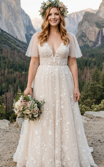 Plus Size Floral Lace Wedding Dress with Cap Sleeves and V-Neck A-Line Skirt