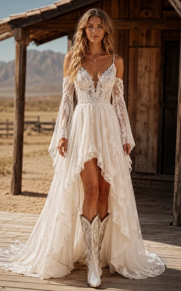 Western Vintage Country A-Line Wedding Dress Off Shoulder Long Sleeve Sweetheart Tulle Lace Applique High-Low Chapel Train Ivory