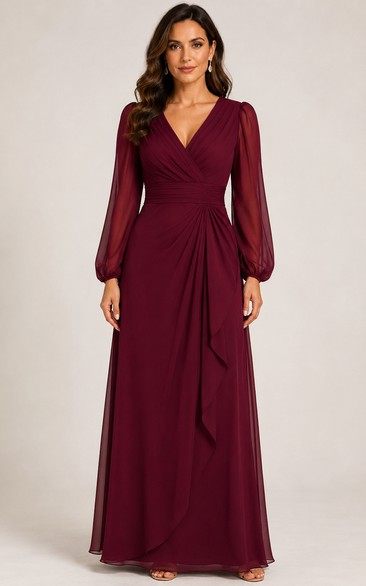 Chiffon Long Sleeve V-Neck Formal Gown