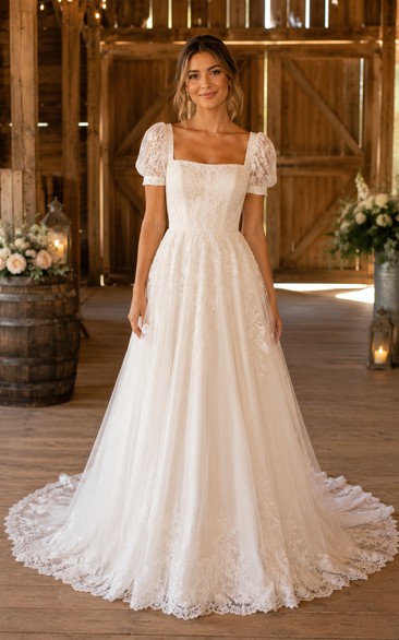 Square Neck A-Line Lace Country Wedding Dress with Short Puff Sleeves