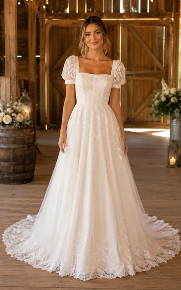 Square Neck A-Line Lace Country Wedding Dress with Short Puff Sleeves
