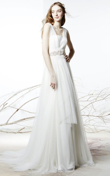 Floor-Length Square Jeweled Tulle Wedding Dress With Brush Train And V Back