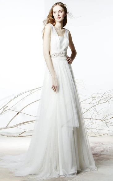 Floor-Length Square Jeweled Tulle Wedding Dress With Brush Train And V Back