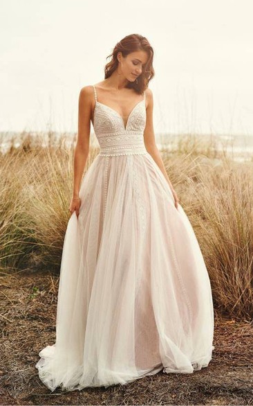 Boho Spaghetti Beach Tulle Empire Tulle Wedding Dress with Two Piece