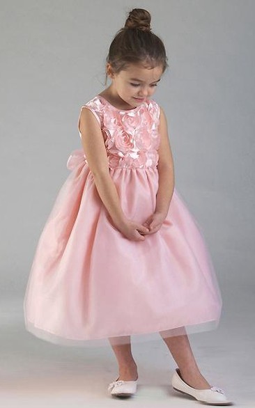 Tea-Length Tiered Tulle&Organza Flower Girl Dress