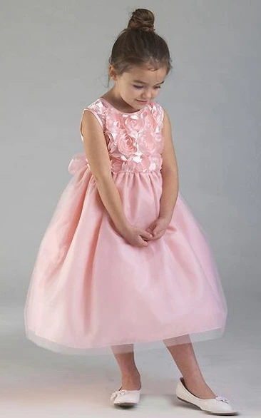 Tea-Length Tiered Tulle&Organza Flower Girl Dress