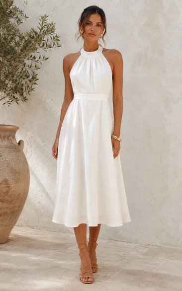 White Halter A-Line Tea-Length Dress
