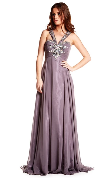 Floor-Length Sleeveless Beaded Strapped Chiffon Prom Dress