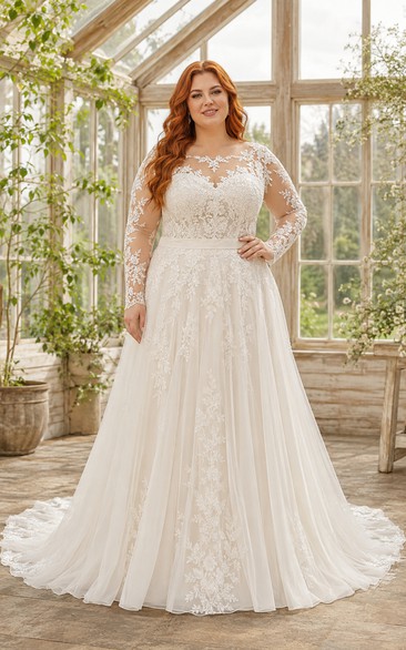 Plus Size Long Sleeve Lace Bodice A-Line Wedding Dress with Chapel Train