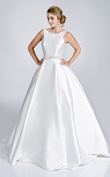 Satin Bateau Neck Sleeveless Ball Gown With Rhinestones