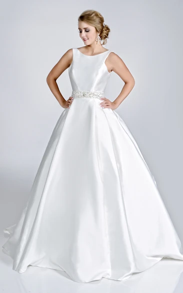 Satin Bateau Neck Sleeveless Ball Gown With Rhinestones