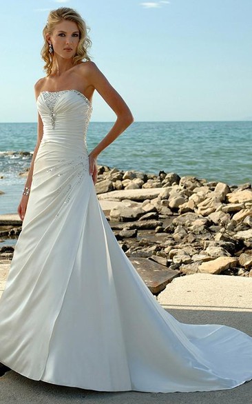 A-line Strapless Court Train Satin Beading Wedding Dresses Styles