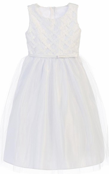 Tea-Length Bowed Sleeveless Tulle&Satin Flower Girl Dress