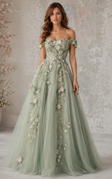 A-Line Lace Prom Dress with Off-the-shoulder, Sleeveless and Appliques Flower, Floor Length