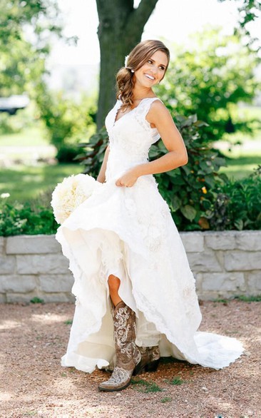 Country/Rustic Cowgirl Rustic Ruffle V-Neck Sleeveless A-line Layers Sweep Train Bridal Gown