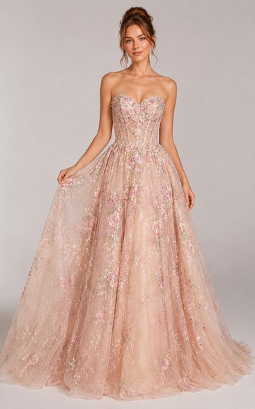 Blushing Pink Glitter Ball Gown with Strapless Applique Bodice