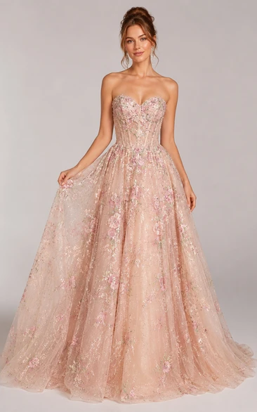 Blushing Pink Glitter Ball Gown with Strapless Applique Bodice