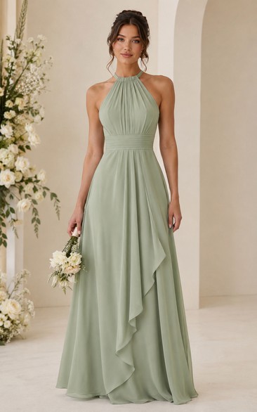 Sage Halter A-Line Chiffon Bridesmaid Dress with Cascade Drape