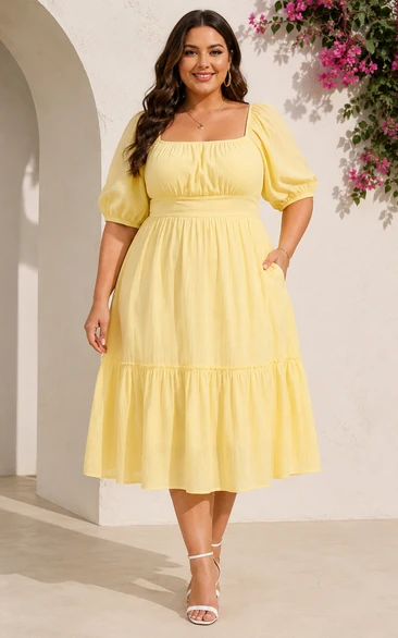 Plus Size Daffodil Puff Sleeve Tiered Tea-Length Dress