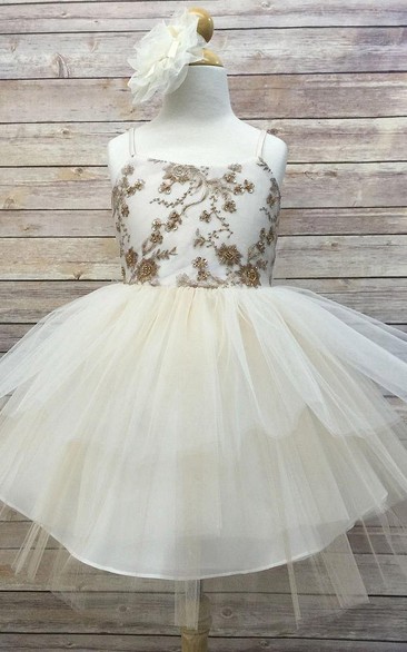 Spaghetti Midi Beaded Tiered Tulle&Sequins Flower Girl Dress