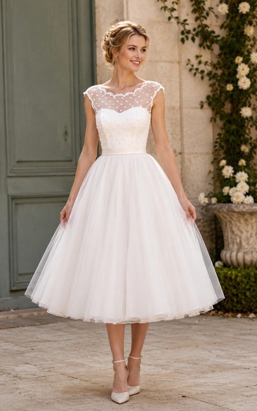 Ivory Lace Cap Sleeve Tea-Length Tulle Wedding Dress