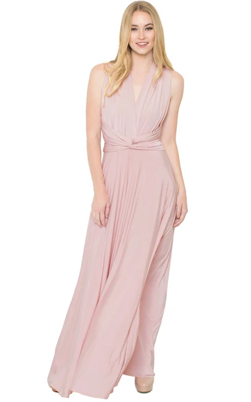 Floor-Length V-Neck Ruched Sleeveless Chiffon Muti-Color Convertible Bridesmaid Dress With Straps